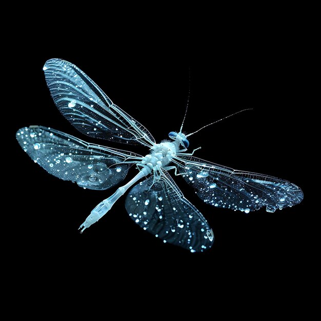 Photo mayfly with delicate wings formed in syrup material opaque w background art y2k glowing concept