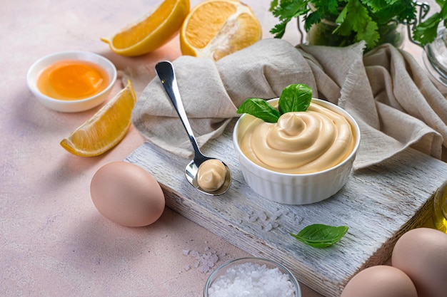 Mayonaise en natuurlijke ingrediënten op een lichte ondergrond