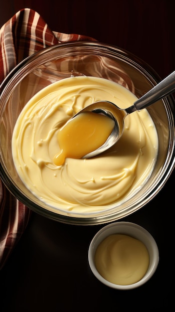 Photo mayonnaise dijon mustard and cider vinegar being whisked in a mixing bowl