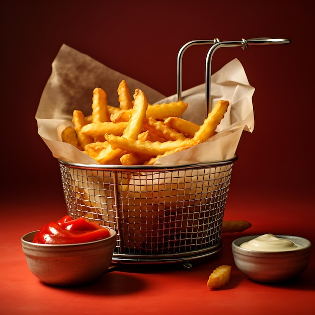 Mayonnaise and ketchup are added to the wire metal basket of french fries