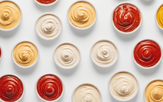 写真 マヨネーズ・マスタード・ケチャップ isolated mayo swirl mustard condiment トマトソースを白い背景に