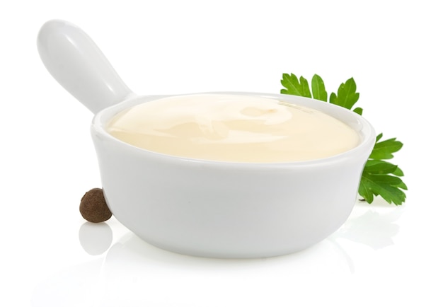 Mayonnaise sauce and food ingredient isolated on white