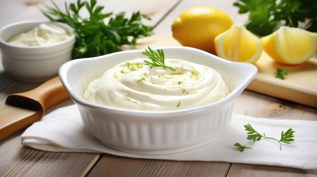 Mayonnaise sauce in white bowl