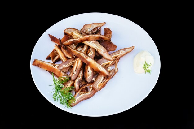 Mayonnaise Smoked pig ears cut cooke black lunch sliced dark grill