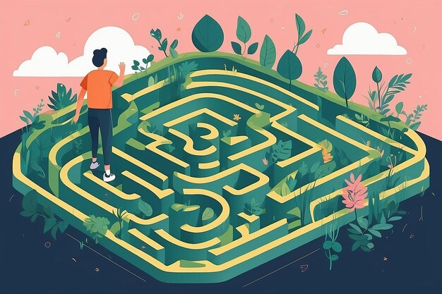 Photo maze of growth navigating selflove in flat vector illustration