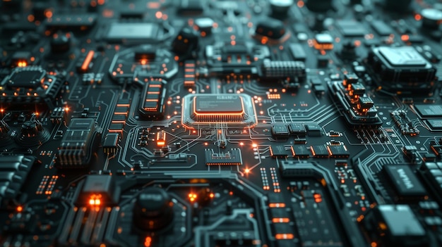 Un labirinto di intricate linee di circuiti e microchip una miscela futuristica di precisione e complessità