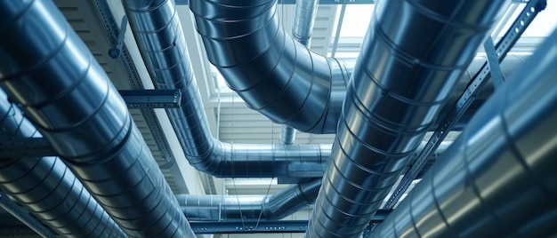 A maze of shiny metal ventilation ducts dominates an industrial ceiling illustrating complex air distribution