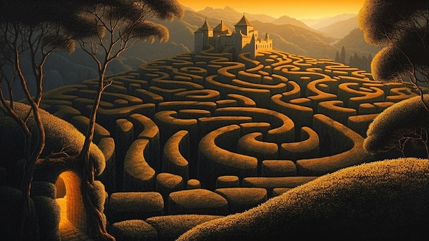 A maze with a castle on it