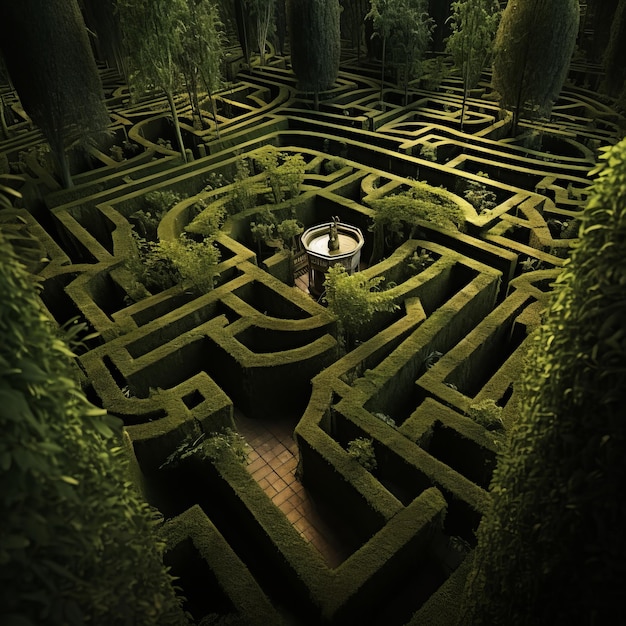 a maze with a fountain in the middle