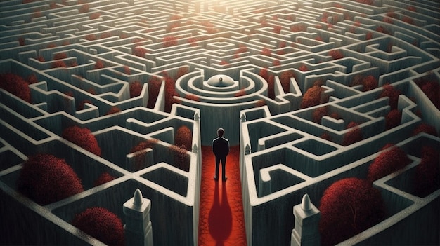 a maze with a man standing on the red carpet.