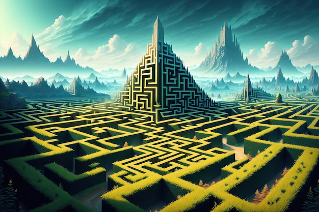 A maze with a pyramid in the middle of it