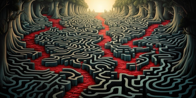 Photo a maze with a red line going through it ai