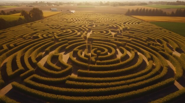 A maze with a yellow sky in the background