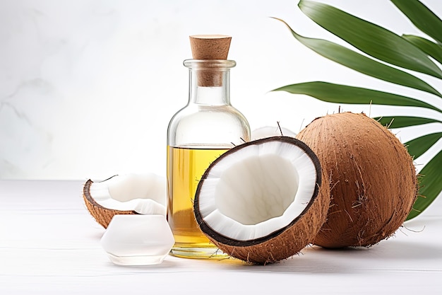 Mct oil bottle open coconuts white background