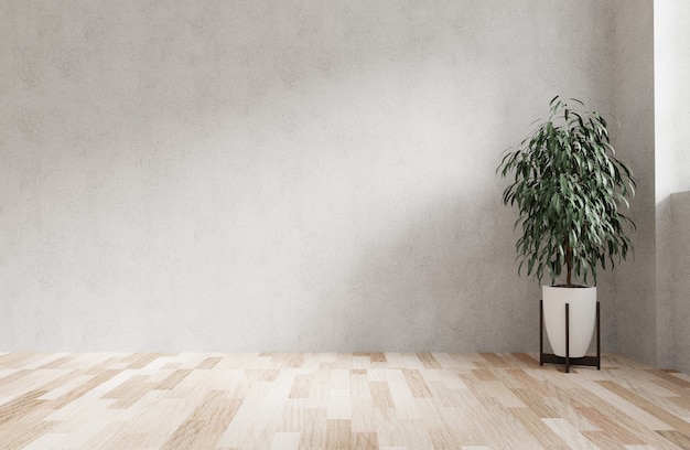 Mdern interior design with concrete wall, light wood floor and a plant in the corner