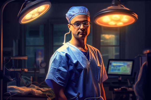 A mdoctor an in a blue scrubs stands in front of a surgery room
