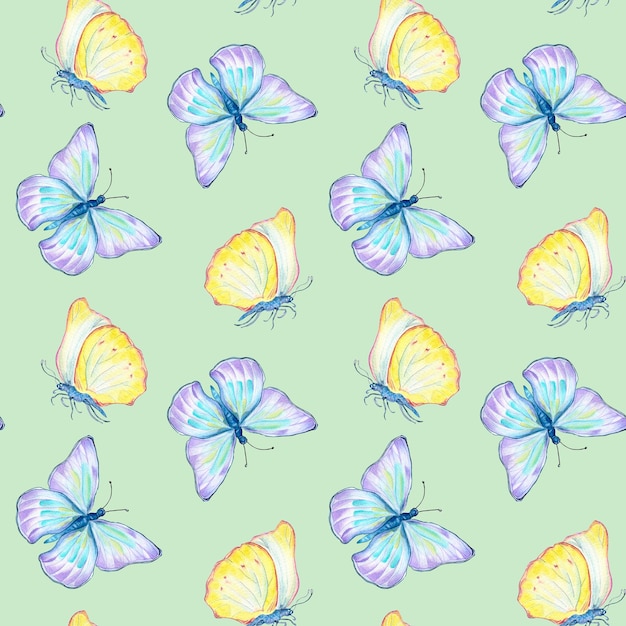 Meadow blue yellow butterflies watercolor seamless pattern on green