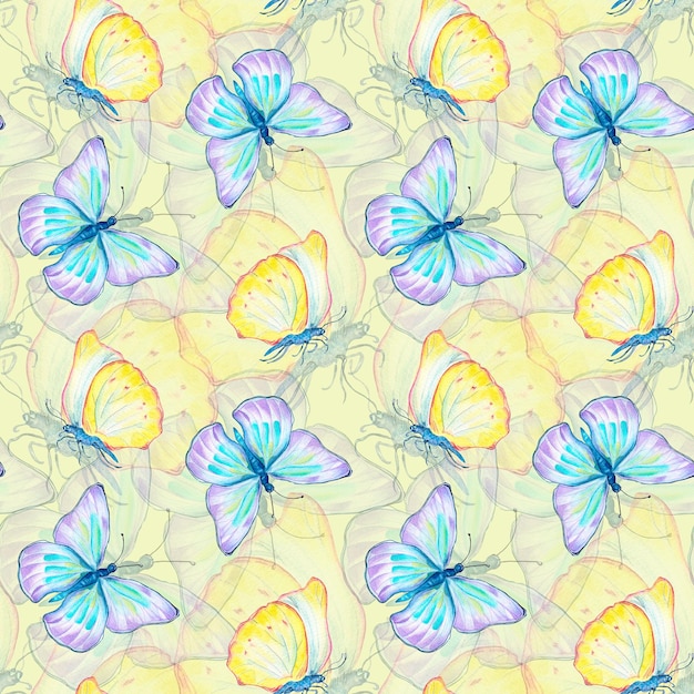 Meadow blue yellow butterflies watercolor seamless pattern on yellow