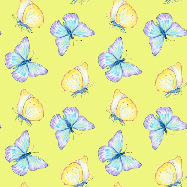 Meadow blue yellow butterflies watercolor seamless pattern on yellow