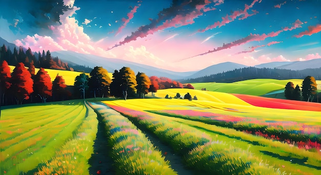 野生の花の青い空と夏の自然の風景の壁紙 AI 子供向けの本の物語のおとぎ話用に生成された日光の牧草地フィールド