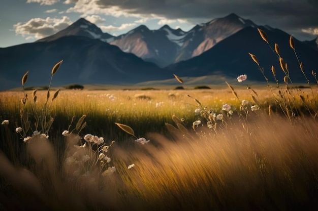 Meadow filled with tall grasses and wildflowers with a distant range of mountains providing