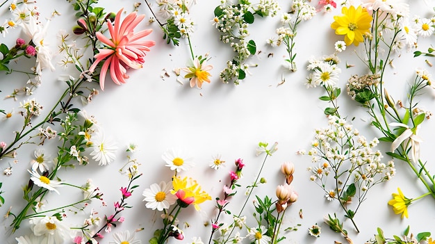 텍스트 창의적 레이아웃을 위한 공간이 있는 초원 꽃 테두리 봄 시간 개념 평면 배치