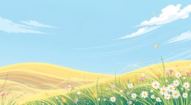 Photo meadow flowers bloom in the grass with a rolling hill and a blue sky in the background