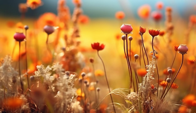 Meadow flowers in early sunny fresh morning Vintage autumn landscape background colorful beautiful