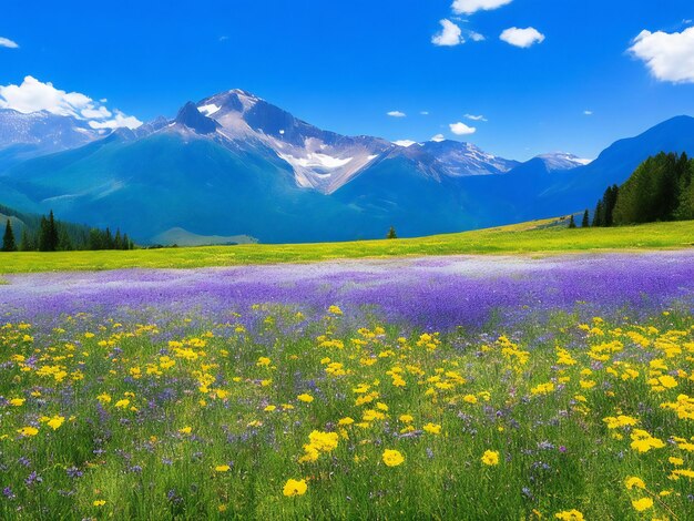 The meadow of flowers and mountains with blue sky