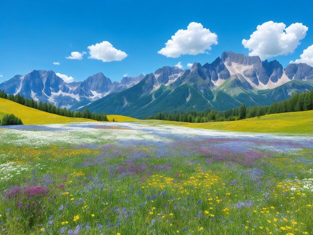 The meadow of flowers and mountains with blue sky