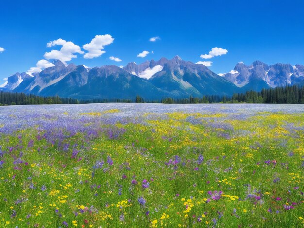 The meadow of flowers and mountains with blue sky