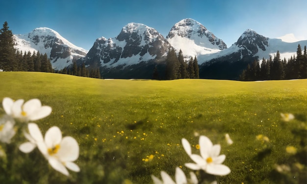 The meadow in front of the coniferous forest under the snow mountain range is full of plateau flower