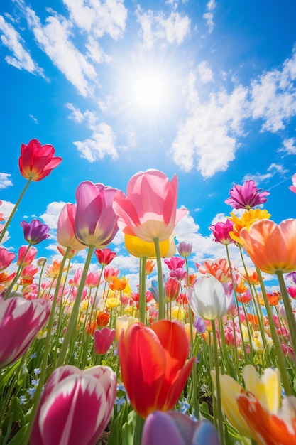 A meadow full of tulips sun is shining on it Front view large blue sky takes a lot of space