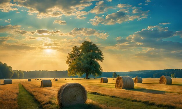 Meadow Haymaking Under Cerulean Skies Wallpaper