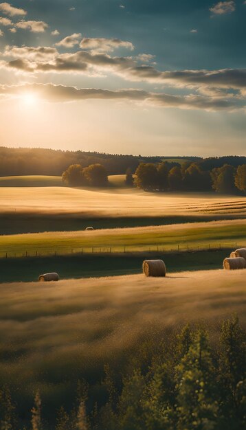 Photo meadow haymaking under cerulean skies wallpaper