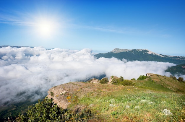 Meadow in the mountains over the clouds