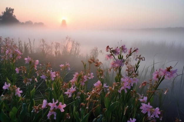 Meadow of pink wildflowers in morning fog