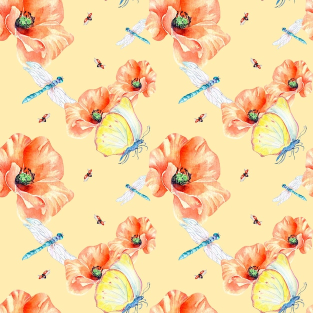 Meadow poppies with beetles watercolor seamless pattern on beige