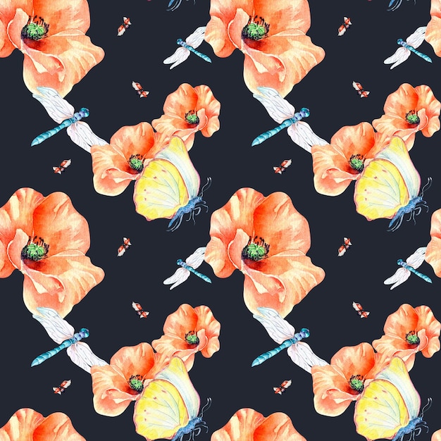 Meadow poppies with beetles watercolor seamless pattern on dark