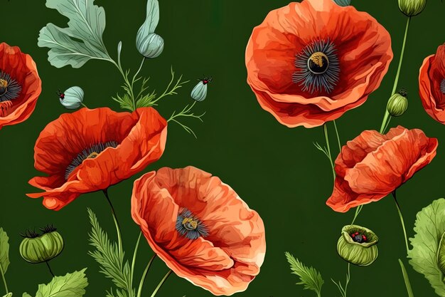 Photo meadow poppies with insects on green