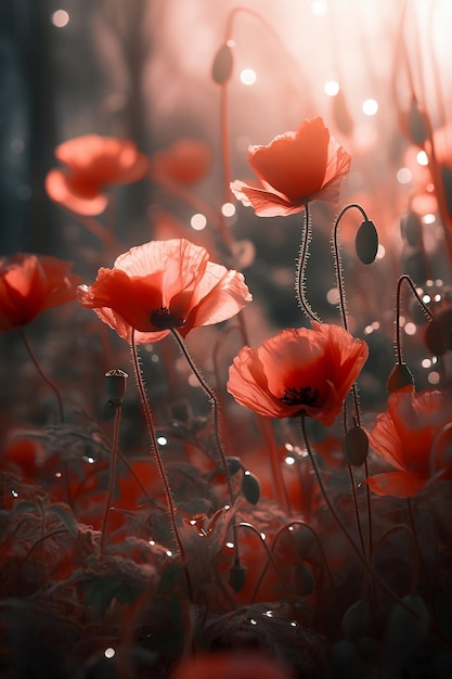 Meadow of red poppies in fog close up