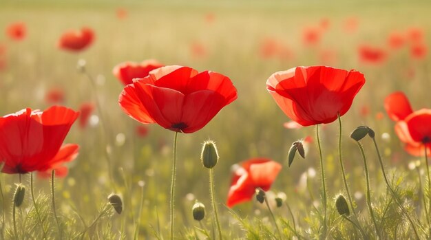 Meadow's Elegance Red Poppies in the Meadow on a Sunny Day Soft Focus Bliss