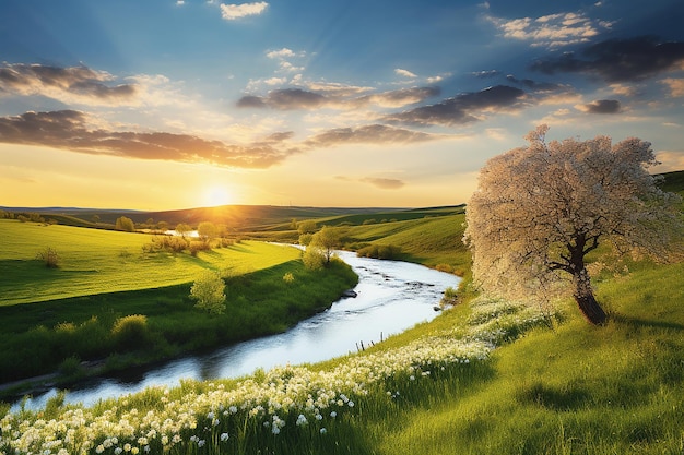 Meadow Serenity Scenic Countryside Landscape with Blooming Blossoms