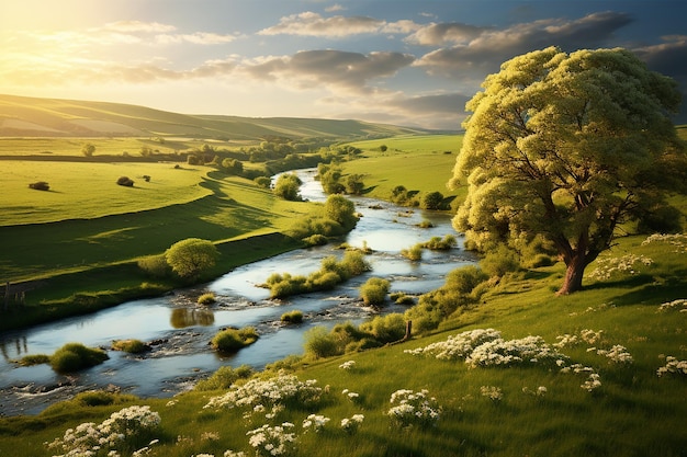 Meadow Serenity Scenic Countryside Landscape with Blooming Blossoms