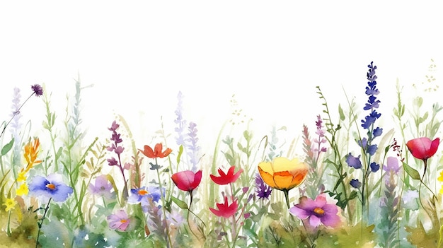 Meadow in summer horizontal border of adorable watercolor flower Generative AI