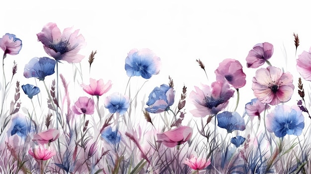 Meadow in summer horizontal border of watercolor flowers on white background drawing for cards borders banners customizable design AI Generative