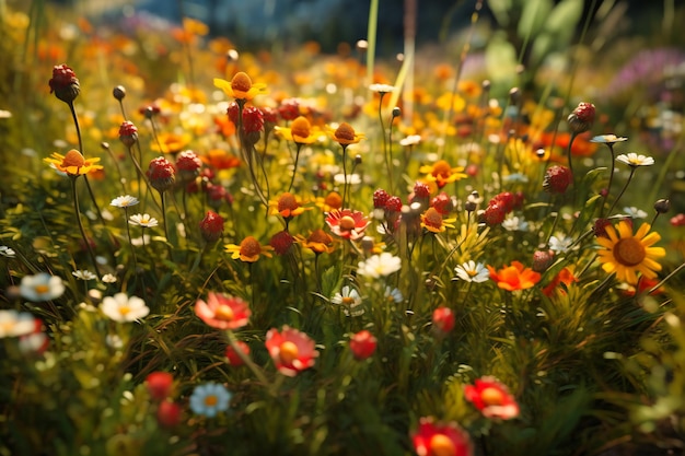 A meadow of wildflowers ranging from deep oranges to bright yellows and pinks swaying gently in the breeze