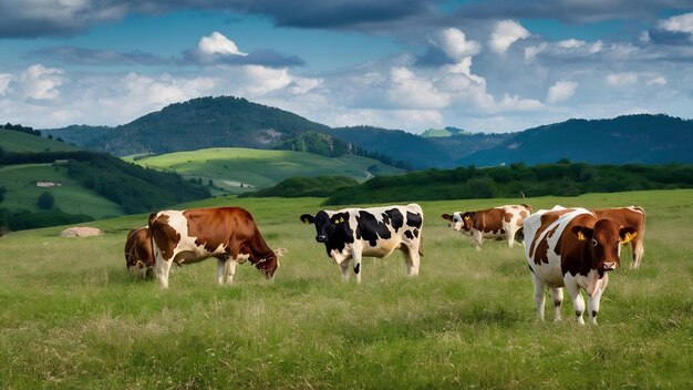 Meadow with cows in summer day