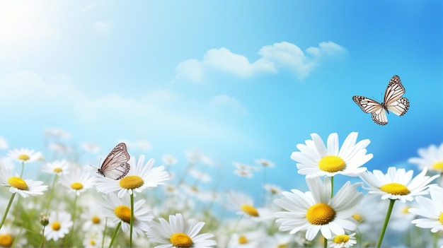 Meadow with daisy flowers butterfly blue sky summer or spring background