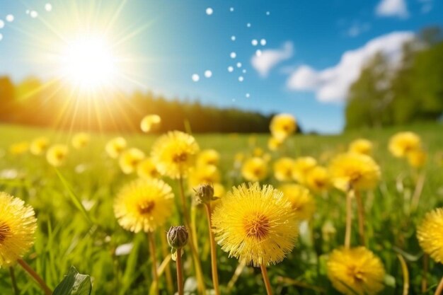 Meadow with dandelions on a sunny day dandelions in spring flowering dandelions closeup